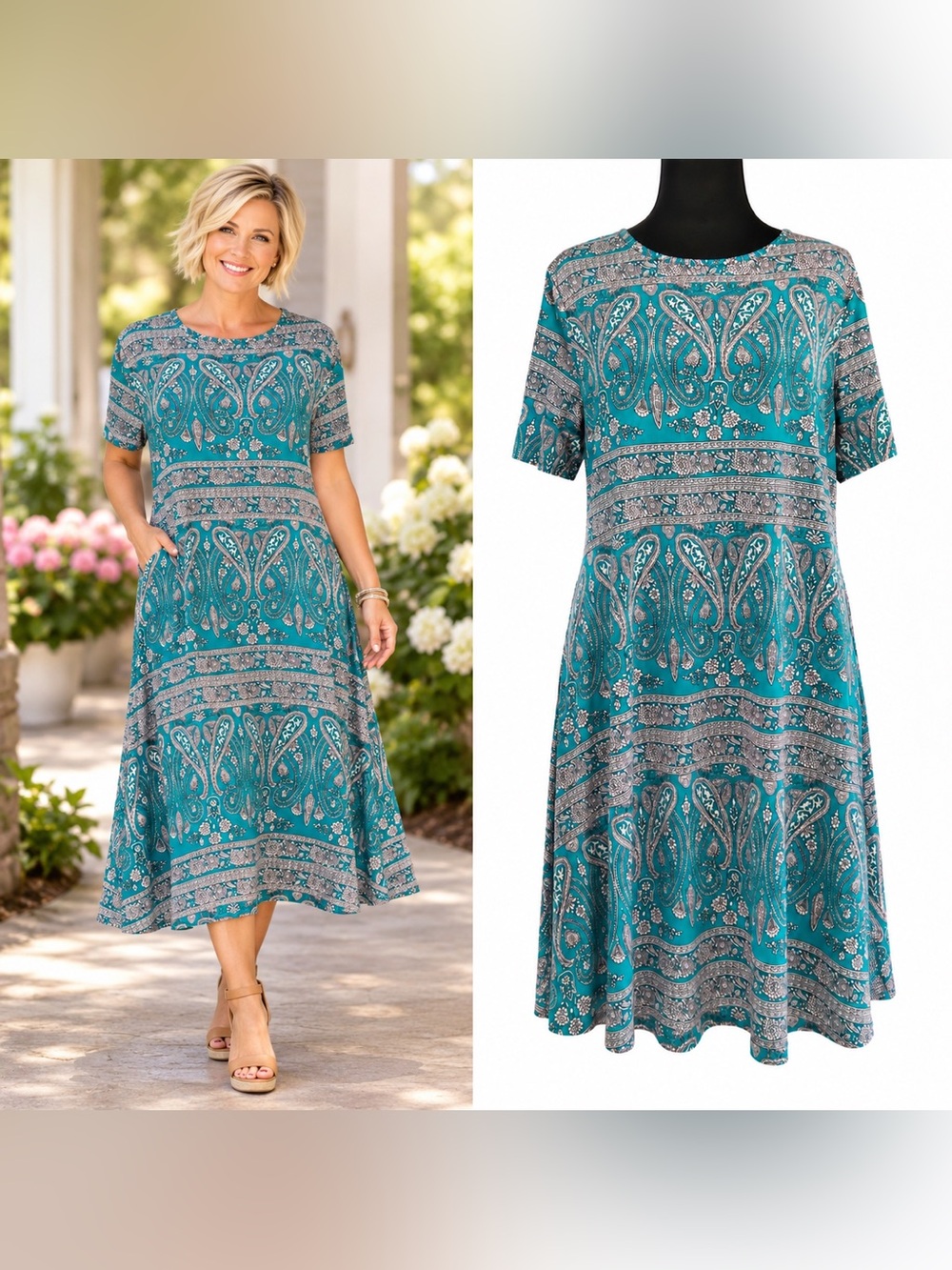 Locryz Green Paisley Dress with Pockets Women’s Size Large Boho Resort Chic